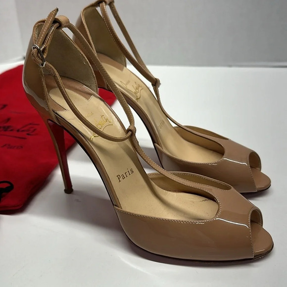 Christian Louboutin Senora T-strap High Heel Heels Shoes 100 MM Tan Nude Size 38 - Picture 5 of 13